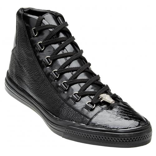 Belvedere "Angelo" Black Genuine Crocodile And Soft Calf Leather Casual Sneakers 33683.